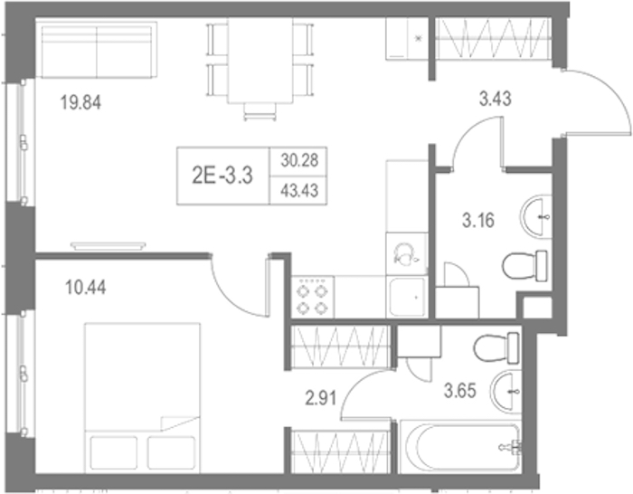 1-комнатная квартира 43.43 м², 3/17 эт., Комплекс апартаментов «Zoom на Неве»